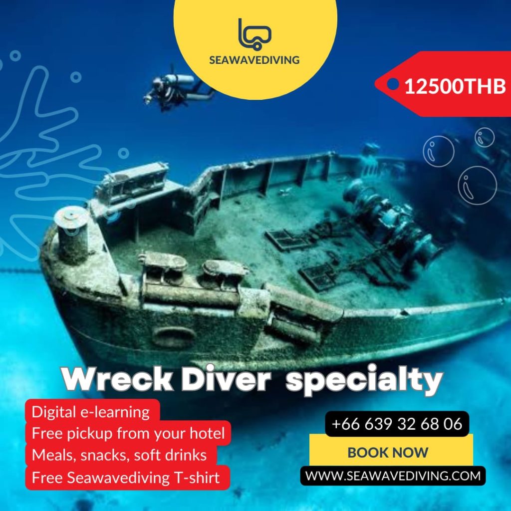 Diver exploring the hull of the King Cruiser wreck in Phuket