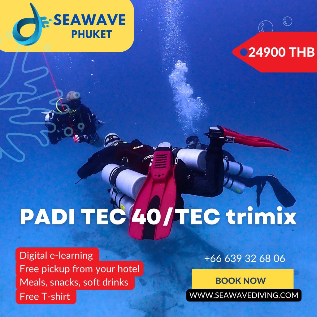 Two technical scuba divers underwater with PADI TEC 40/TEC Trimix promotion banner