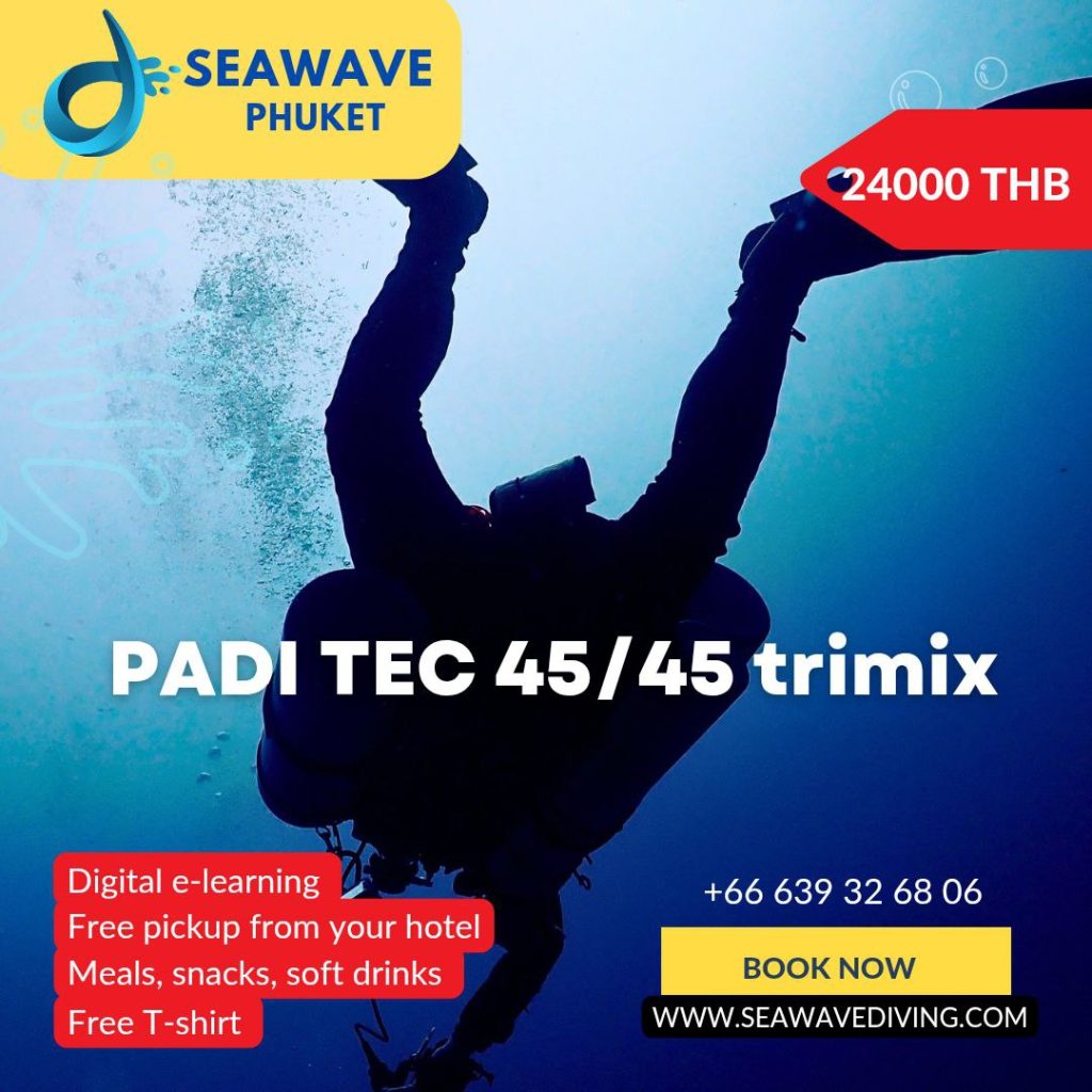 Technical diver silhouette promoting PADI Tec 45/45 Trimix course at Seawave Diving in Phuket, Thailand