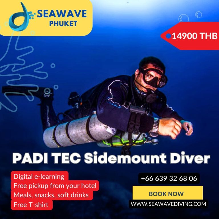 Sidemount diver entering the ocean with multiple cylinders for Tec Sidemount training in Phuket