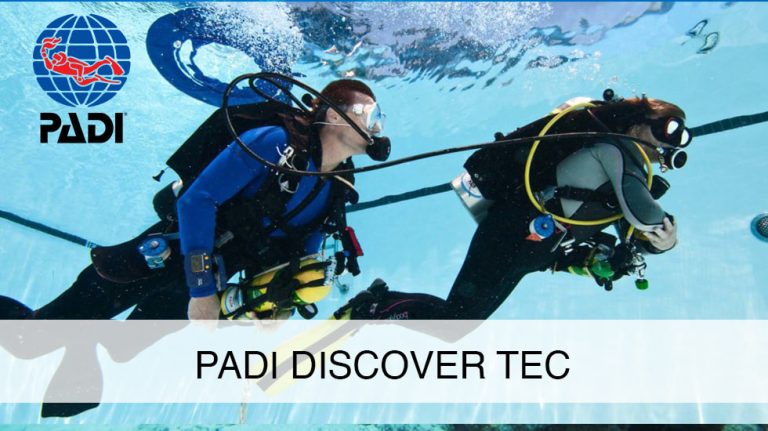 Instructor and student preparing for simulated decompression dive on Tec Basics course Phuket
