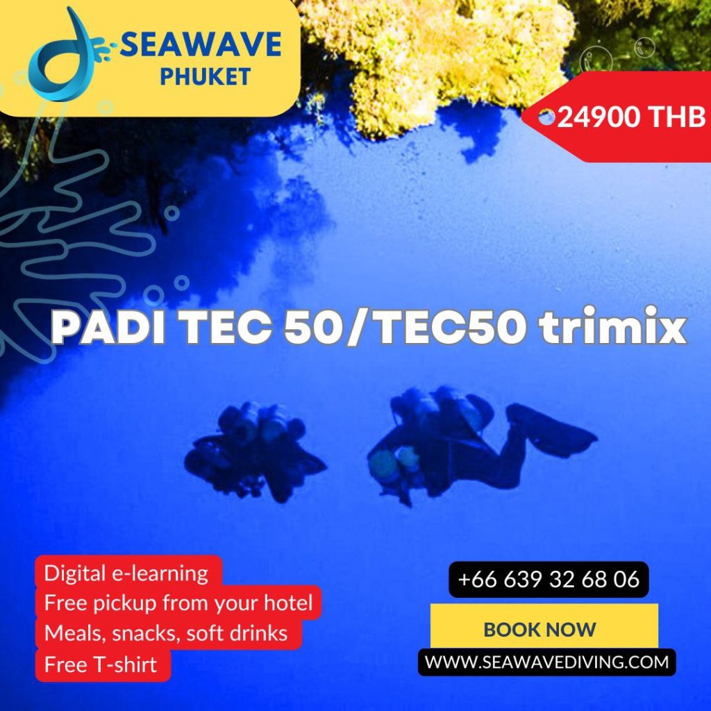 Diver completing decompression stop at 21m with multiple gases during Tec 50 training in Phuket